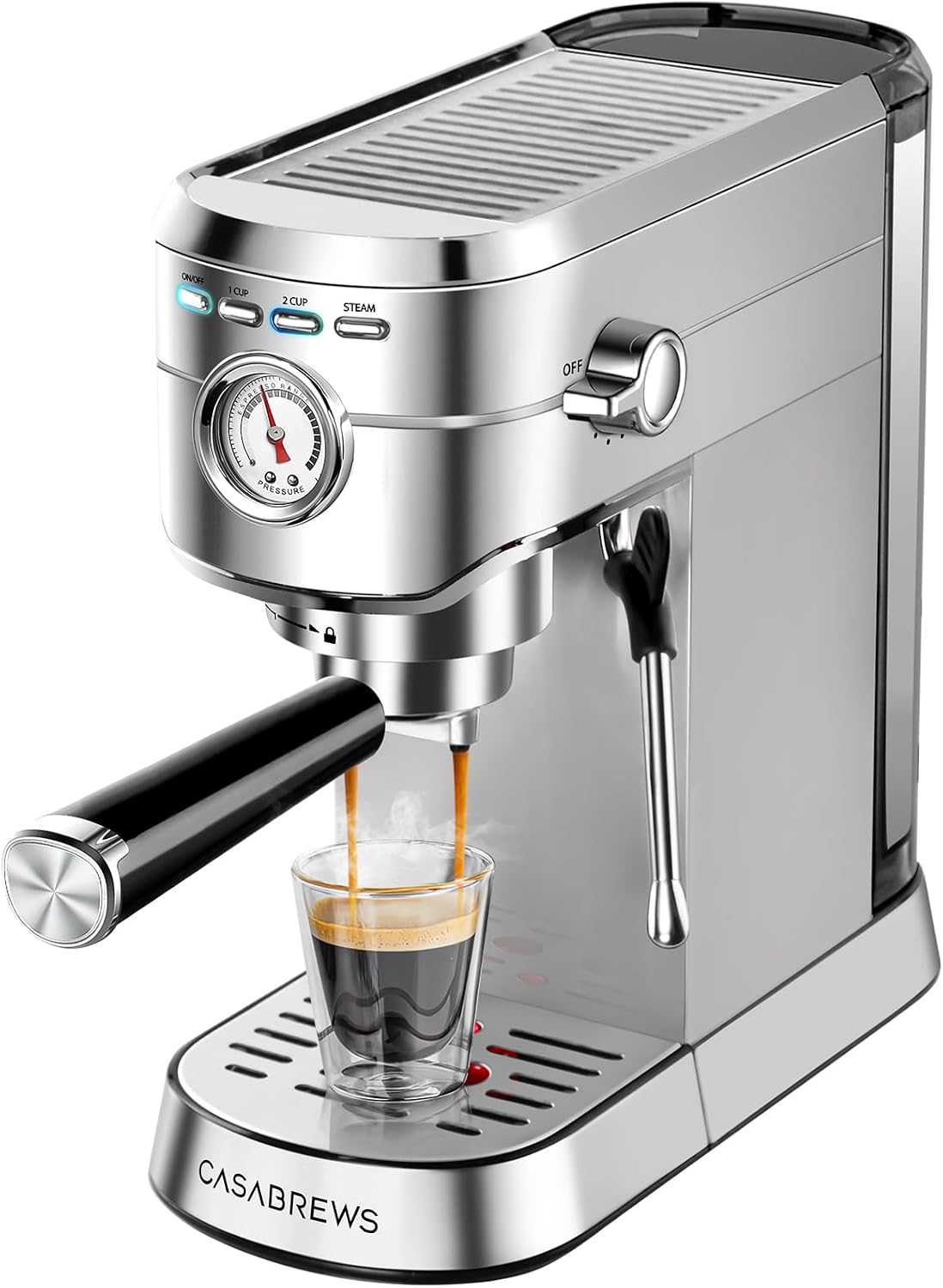 CASABREWS CM5418 Compact Espresso Machine with Milk Frothing Steam Wand | Stainless Steel, 20-Bar Pump, Built-in Pressure Gauge, Powerful Steam Wand for Cappuccino Latte for Home, 34oz Water Tank
