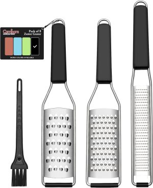 Cambom Lemon Zester Grater Three-piece Suit - Heavy Duty Kitchen Tool for Parmesan Cheese, Ginger, Garlic, Nutmeg, Chocolate, Vegetables,Fruits,Stainless Steel Grater Dishwasher Safe Black | 304 Stainless Steel, Sharp Tool for Parmesan Cheese, Ginger, Garlic, Nutmeg, Chocolate, Vegetables, Fruits, Dishwasher Safe