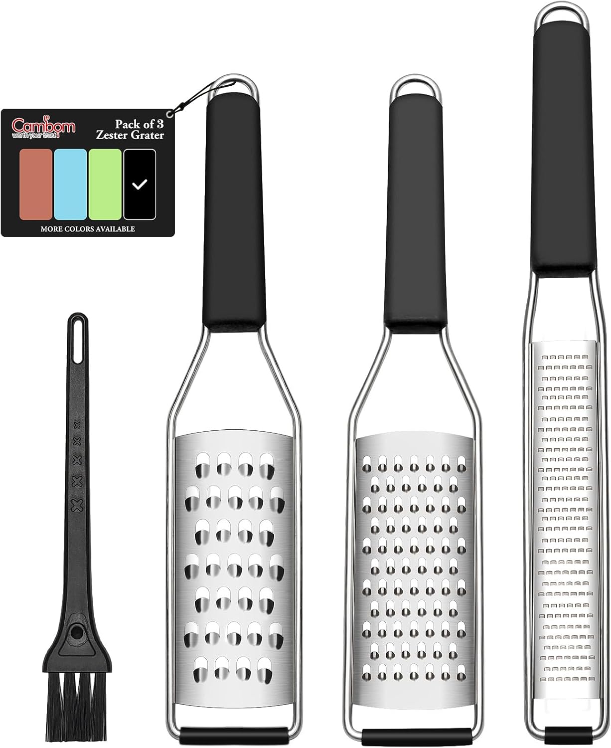 Cambom Lemon Zester Grater Three-piece Suit - Heavy Duty Kitchen Tool for Parmesan Cheese, Ginger, Garlic, Nutmeg, Chocolate, Vegetables,Fruits,Stainless Steel Grater Dishwasher Safe Black | 304 Stainless Steel, Sharp Tool for Parmesan Cheese, Ginger, Garlic, Nutmeg, Chocolate, Vegetables, Fruits, Dishwasher Safe