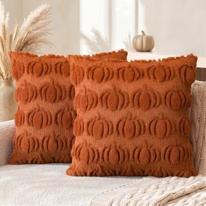 AVOIN colorlife Caramel Fall Pumpkin Throw Pillow Covers 18x18 Inch | Autumn Thanksgiving Harvest Soft Plush Faux Fur Jacquard Cushion Case Decoration for Sofa Couch Set of 2