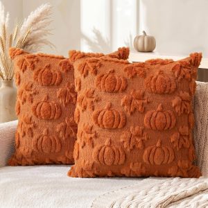 AVOIN colorlife Caramel Pumpkin Fall Throw Pillow Covers 18x18 Inch | Maple leaves Autumn Thanksgiving Harvest Soft Plush Faux Fur Jacquard Cushion Case Decoration for Sofa Couch Set of 2