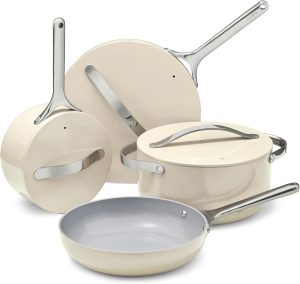 Caraway 12-Piece Non-Stick Ceramic Cookware Set | Pots, Pans, Lids and Kitchen Storage, PFAS and PFOA Free, Oven Safe Pan Set and Compatible with All Stovetops, Cream