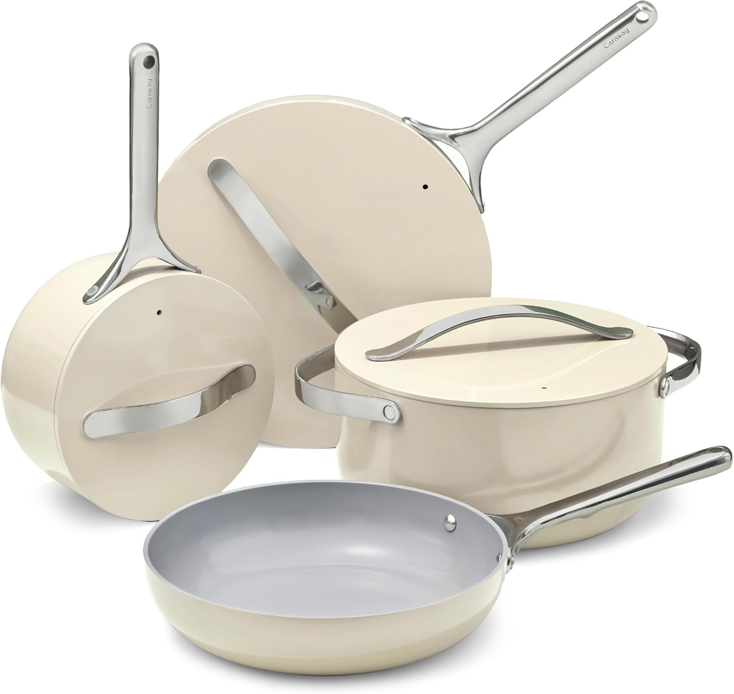 Caraway 12-Piece Non-Stick Ceramic Cookware Set | Pots, Pans, Lids and Kitchen Storage, PFAS and PFOA Free, Oven Safe Pan Set and Compatible with All Stovetops, Cream