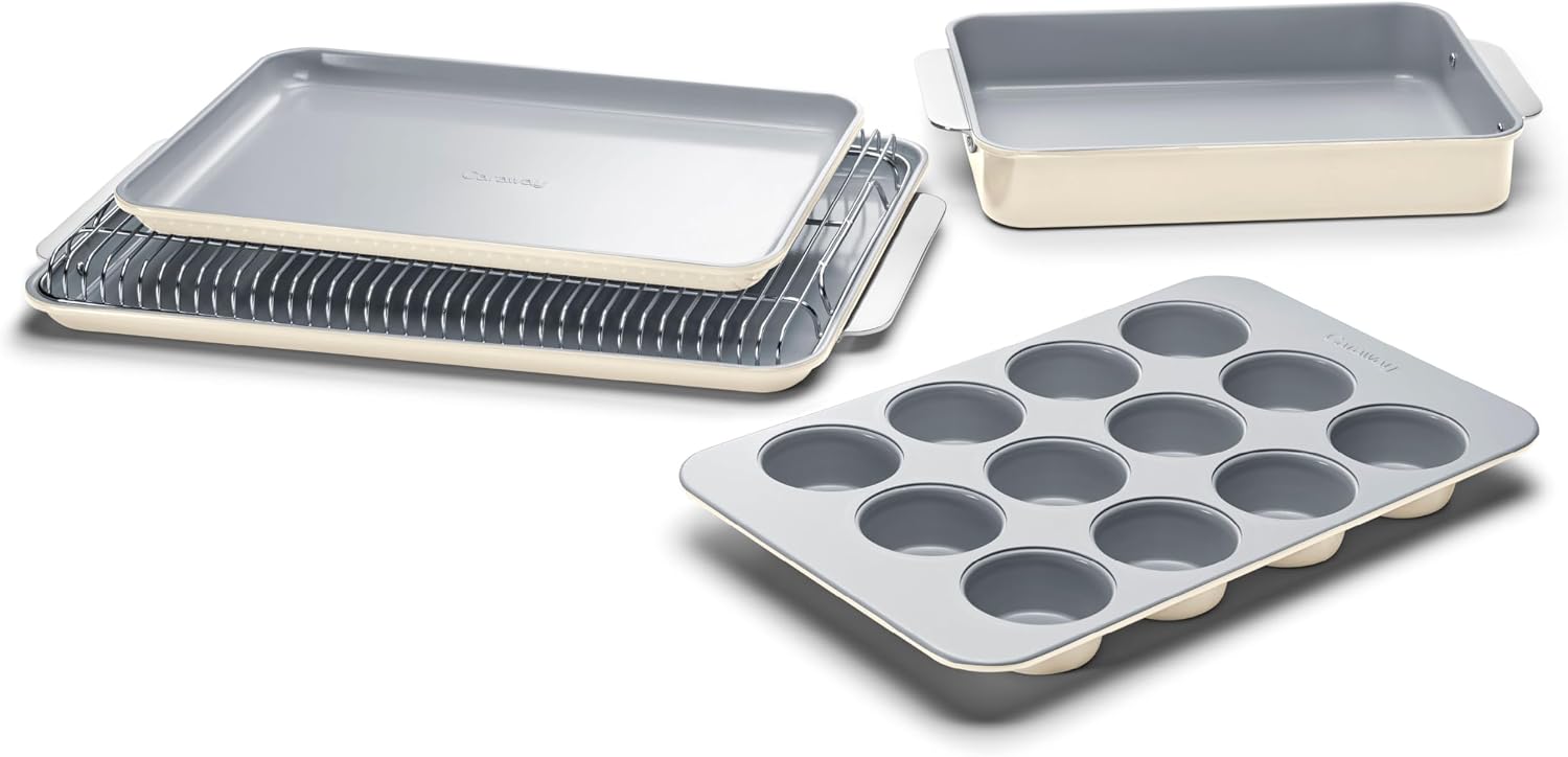 Caraway 5-Piece Non-Stick Ceramic Bakeware Set | Baking Sheets, Assorted Baking Pans and Storage, Aluminized Steel Body, Non-Toxic, PTFE and PFOA Free, Cream