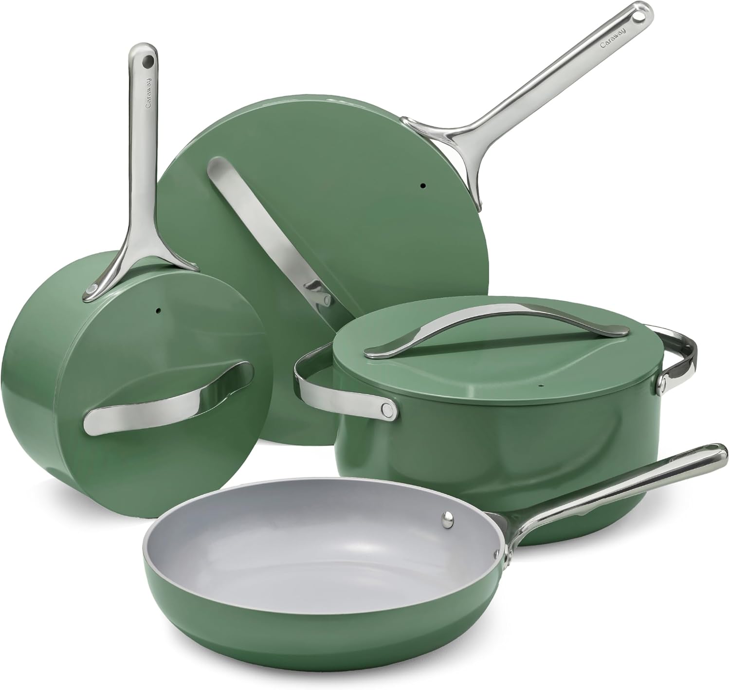 Caraway 12-Piece Non-Stick Ceramic Cookware Set | Pots, Pans, Lids and Kitchen Storage, PFAS and PFOA Free, Oven Safe Pan Set and Compatible with All Stovetops, Sage