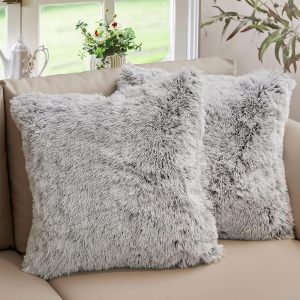 Cheer Collection Throw Pillows for Couch and Bed, Soft Shaggy Throw Pillows with Inserts Included, Cozy Long Hair Faux Fur Pillows - Set of 2-18" x 18" - Gray