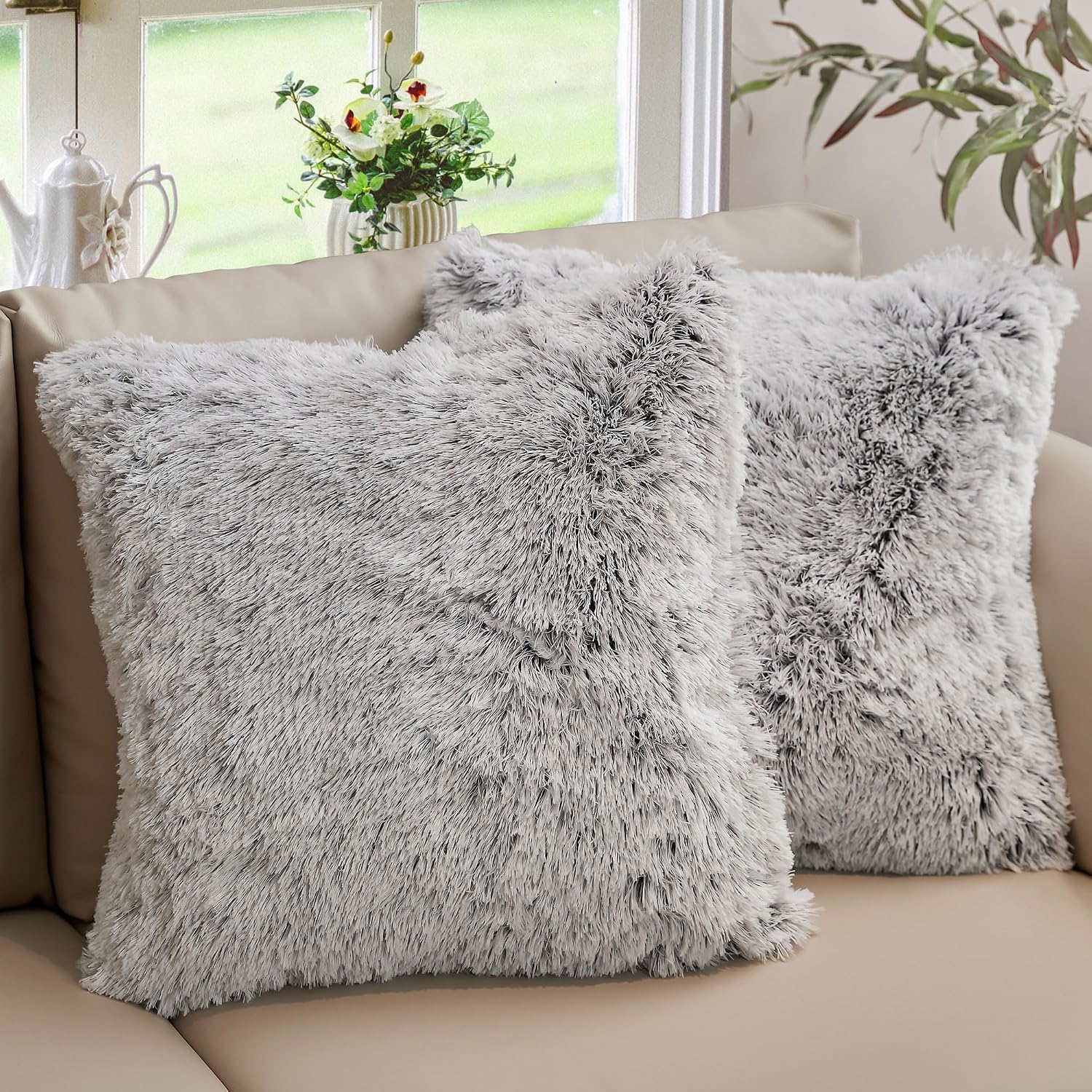 Cheer Collection Throw Pillows for Couch and Bed, Soft Shaggy Throw Pillows with Inserts Included, Cozy Long Hair Faux Fur Pillows - Set of 2-18" x 18" - Gray