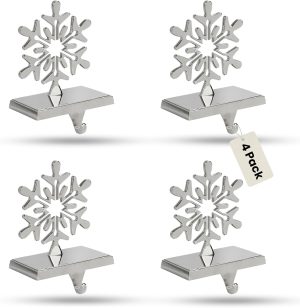 Iconikal 4-Pack Stocking Holders Christmas Chrome Metal Snowflake Weighted