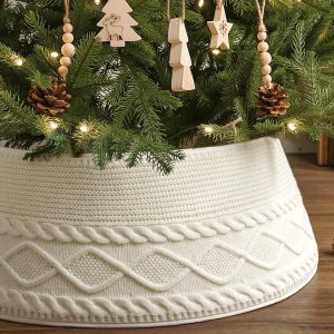 Knitted Christmas Tree Collar: Cream Crossed Diamond Edge Chunky Cable Knit Christmas Tree Collars for Artificial Trees, Farmhouse Rustic Tree Ring Tree Skirt for Christmas Home Décor