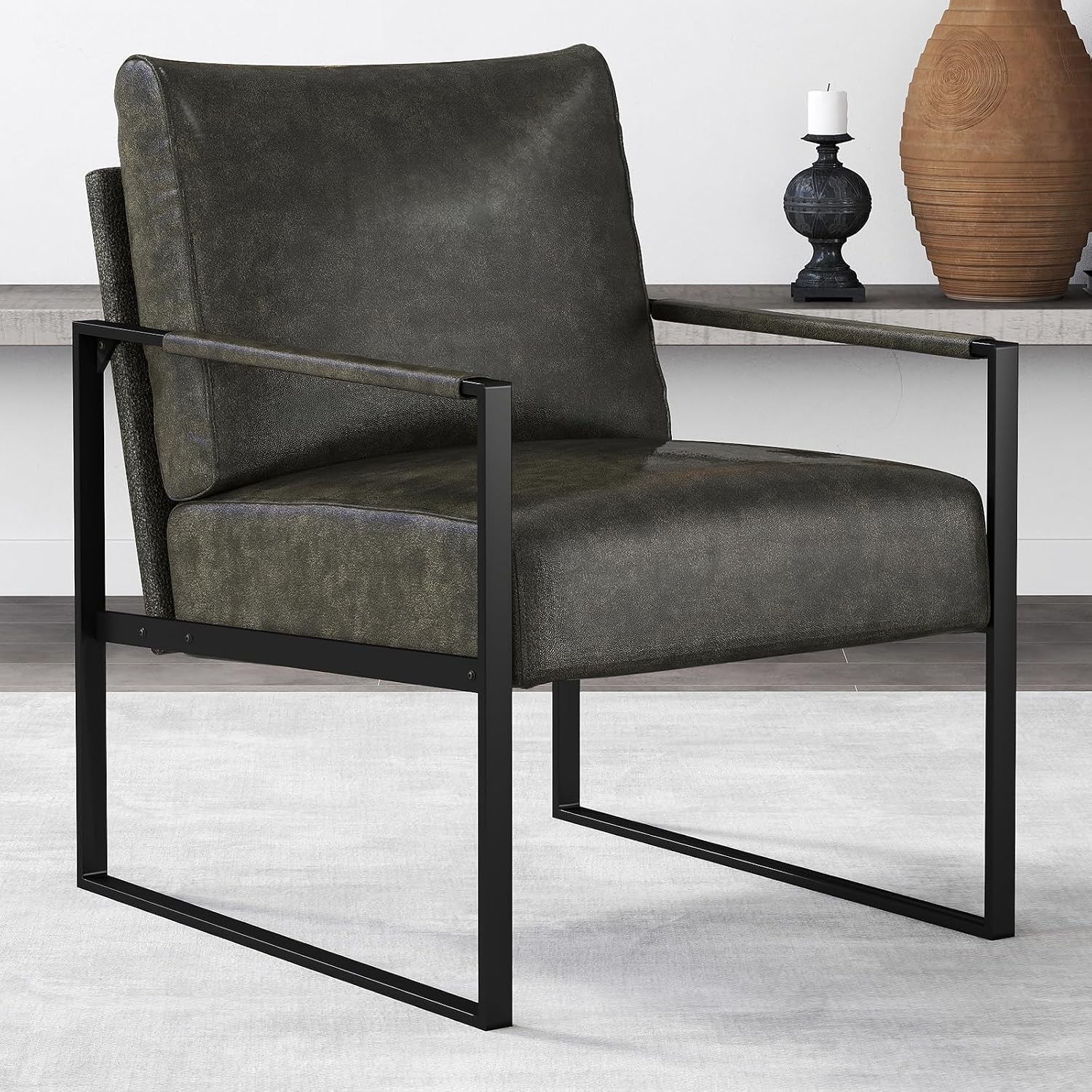 Comfy Dark Grey Mid-Century PU Leather Accent Chair with Metal Frame. - Image 2