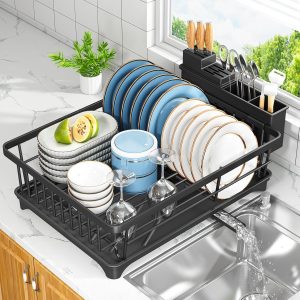 Kmiectse Dish Drying Rack for Small Kitchen Counter with Utensil Holder | Space Saving, Rust Resistant, Quick Drainage Dish Rack, Compact Dish Drainer Organizer for Home Kitchen, Black