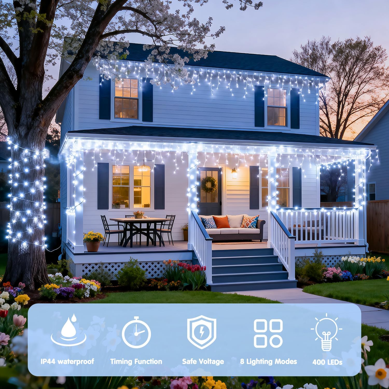 Connectable 38.8ft 400 LED White Icicle Lights for Outdoor/Indoor Decor - Image 2