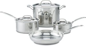 Cuisinart 7-Piece Stainless Steel Pots and Pans Set, Cookware Set Compatible with Induction, Electric, Gas Cooktops, Aluminum Core for Quick Even Heat, Cool Grip Handles, Dishwasher Safe, Oven Safe | Dishwasher-safe pots and pans set with oven/induction/gas/electric compatibility, measurement marks, Flavor Lock lids, 77-7P1