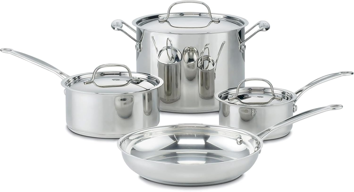 Cuisinart 7-Piece Stainless Steel Pots and Pans Set, Cookware Set Compatible with Induction, Electric, Gas Cooktops, Aluminum Core for Quick Even Heat, Cool Grip Handles, Dishwasher Safe, Oven Safe | Dishwasher-safe pots and pans set with oven/induction/gas/electric compatibility, measurement marks, Flavor Lock lids, 77-7P1