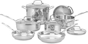 Cuisinart Chef’s Classic 11-Piece Stainless Steel Pots and Pans Set, Cookware Set Compatible with Induction, Electric, Gas Cooktops, Aluminum Core for Even Heat, Cool Grip Handles, Dishwasher Safe | Cuisinart stainless steel cookware set, dishwasher safe, oven safe to 500°F & gas/electric/induction compatible, 77-11G