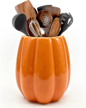 pinata Fall Kitchen Decor, Ceramic Fall Pumpkin Utensil Holder | Cute Autumn Utensils Holder, Ceramic Utensils Crock, Rustic Farmhouse Indoor Kitchen Decorations, 6.3 Inches