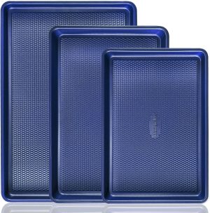 Baking Sheet Pan Set, Cookie Sheets for Oven, Nonstick Half/Quarter/Jelly Roll Pans with Diamond Texture Pattern, Heavy Duty Cookie Tray, Dark Blue