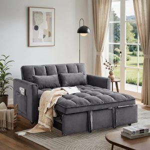 Convertible Sofa Bed, Pull Out Couch with Side Pockets, 3 in 1 Velvet Fabric Loveseat Sleeper Sofa Bed, Pull Out Couch with Adjustable Backrest for Living Room, Bedroom, Apartment, Deep Gray