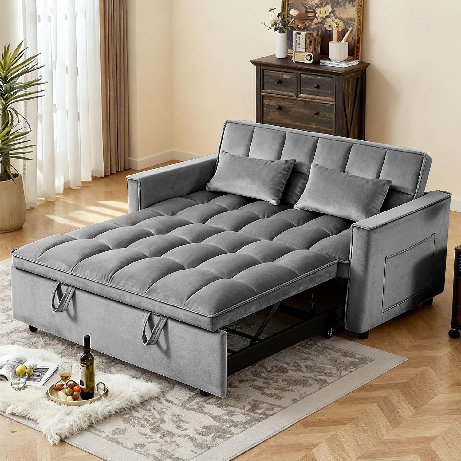 Deep Gray Velvet 3-in-1 Loveseat: Convertible Sofa Bed with Adjustable Back & Pockets. - Image 2