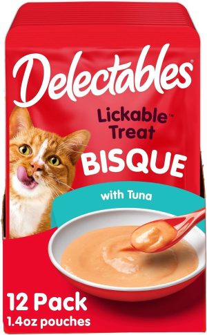 Delectables Lickable Treat Bisque Wet Cat Treat with Real Tuna, Food Topper, Hydrating, Grain-Free, No Fillers, By-Products, Added Preservatives, 1.4oz Pouch, 12ct