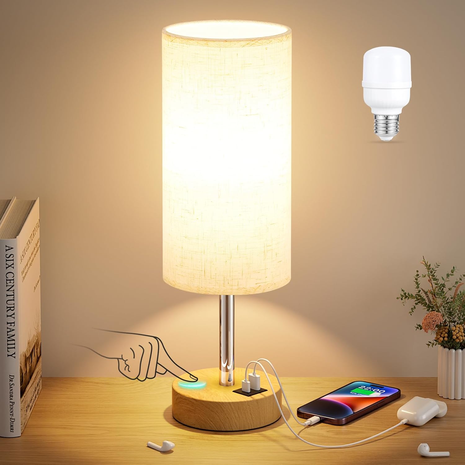 Dicoool Bedside Table Lamp for Bedroom - 3-Way Dimmable Touch Lamp, USB A+C | LED Bulb Included, 14" Small Nightstand Lamp for Desk, Living Room, Guest Room, Cream Fabric Lampshade, Wood-Grain Metal Base