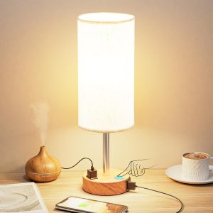 Shop Kitchen Tools & Home Decor Bedside Table Lamp for Bedroom - Dimmable Touch, USB A+C, AC Outlet | 3-Way Dimmable, LED Bulb Included, Fabric Lampshade, Wood-Grain Metal Base, 14" Small Nightstand Lamp for Desk, Living Room