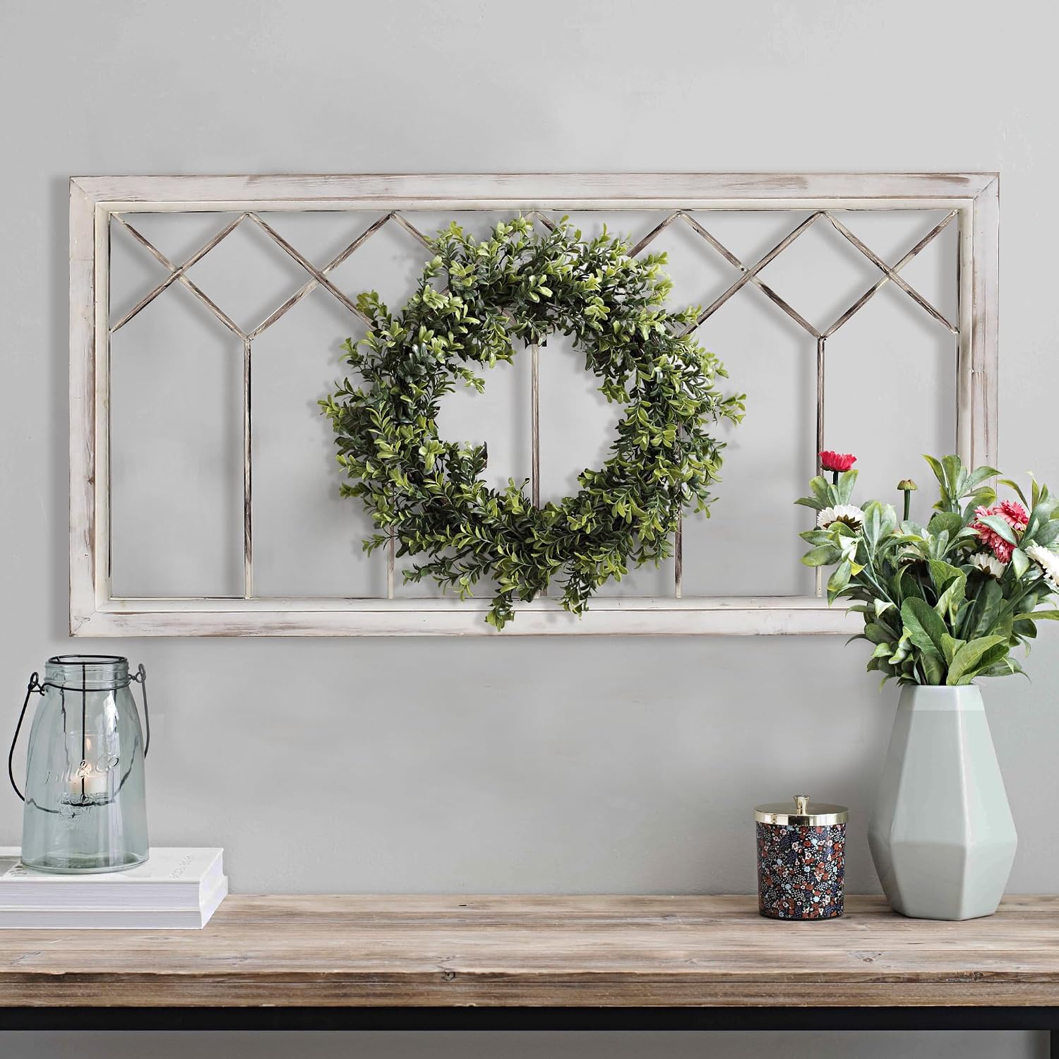 Oakrain Wood Window Frame Wall Art, 39"x 20" Rustic Wall Decor for Home | Farmhouse Window Pane Decor for Wall, Decorative Wall Sculpture for Living Room, Bedroom, Entryway, Hallway, Distressed White
