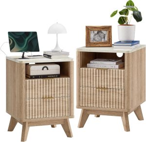 T4TREAM 18" Fluted Nightstand with 2 Drawers Set of 2, Natural Oak | Charging Station, Open Cubby, Mid Century Modern, Faux Marble Top, Curved Profile, Metal Handles, Smooth Slides