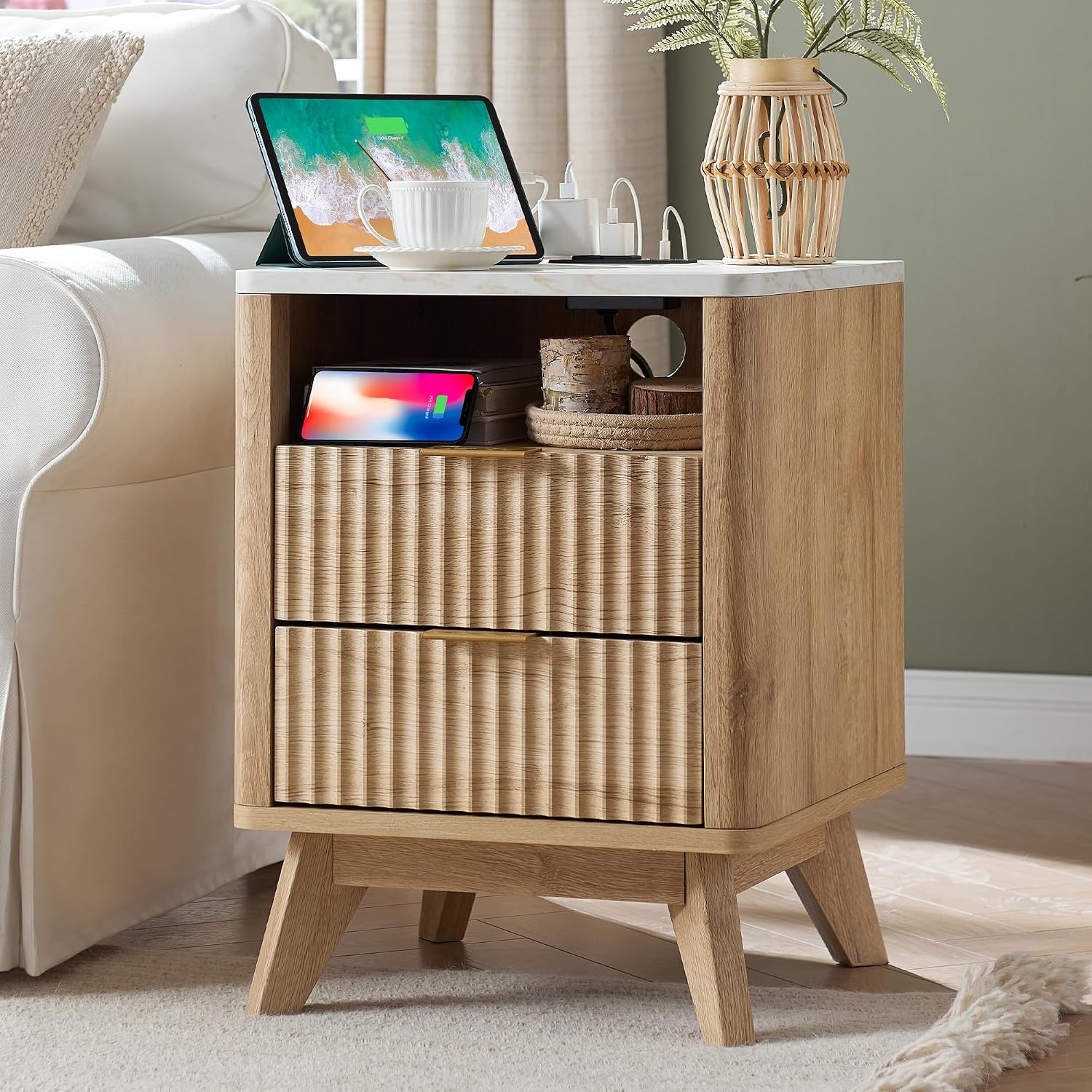 Dual MCM Nightstands Review: Fluted, Curved, Charging & Faux Marble Tops. - Image 2