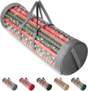 BALEINE Christmas Wrapping Paper Organizer Storage, 41" Gift Wrap Paper Holder, Clear PVC & Durable 600D Oxford Fabric, Fits 18-25 Rolls, Grey