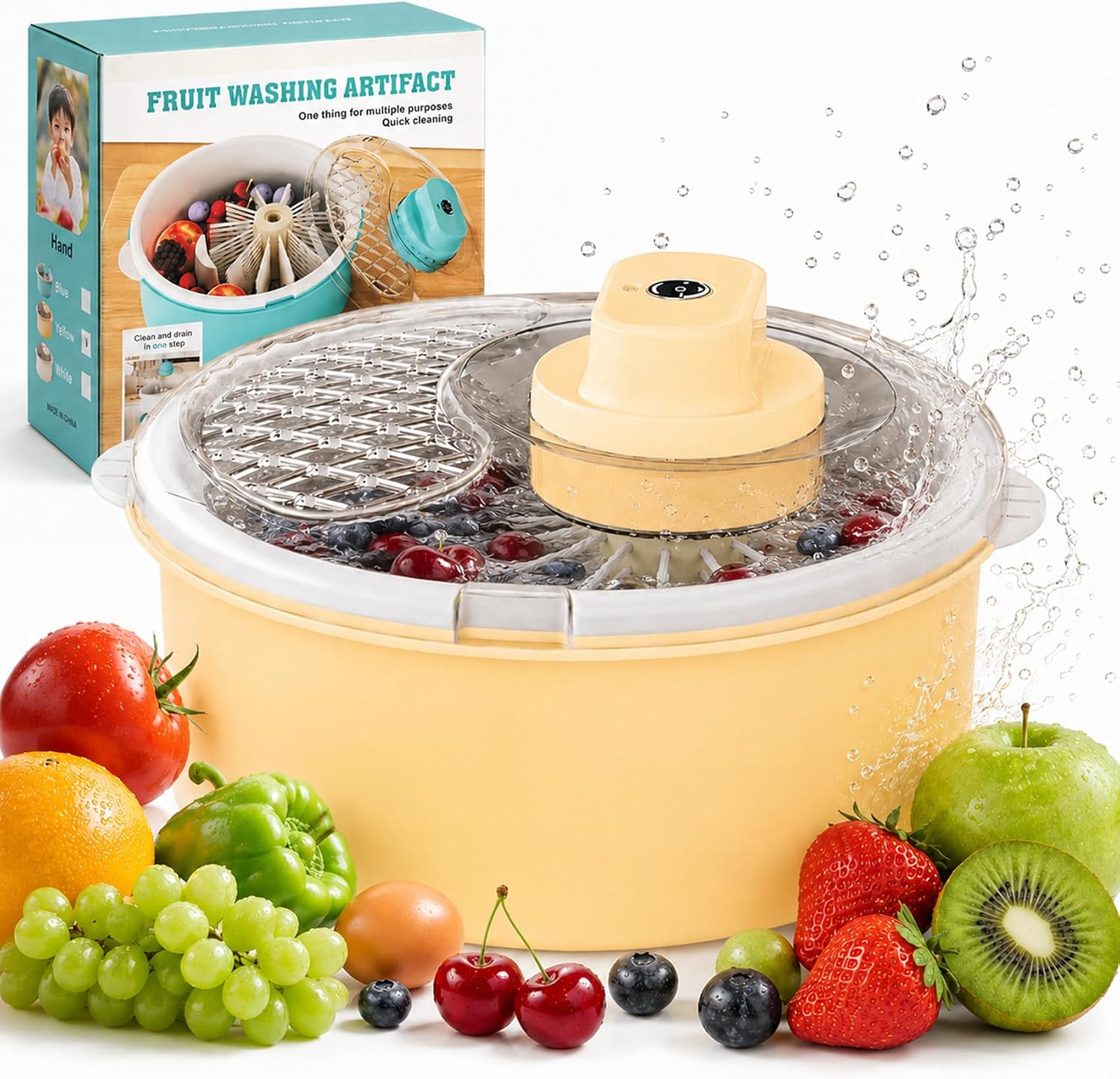 Electric Salad Spinner and Produce Washer, One-Touch Cordless Fruit Cleaner Spinner with Non-Slip Base, Fruit Washer Spinner Bowl, Lettuce Cleaner, Vegetable Dryer (Yellow,Electric)