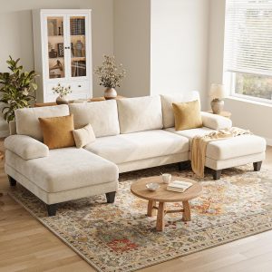 U-Shaped Sectional Couches for Living Room | 112 Inch Modern Sectional Couch | Warm White Chenille Sofa with Double Chaise for Apartment