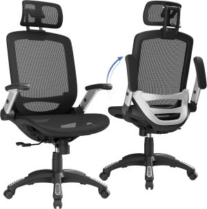 Ergonomic Office Chair, High Back Home Desk Chair with Headrest, Flip-Up Arms, 90-120° Tilt Lock and Wide Cushion, Big and Tall Mesh Chairs for Man Woman, Black Task Chair