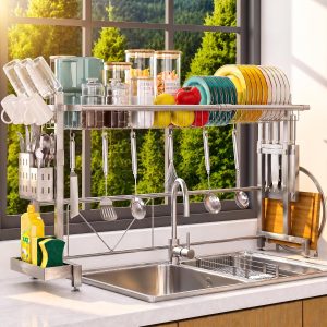 Over The Sink Dish Drying Rack, Expandable Width & Height Dish Rack | Stainless Steel Large Capacity Kitchen Storage Organization Above Counter | Fits Most Sinks(W24.4-38.2" ~ H17.7-22.1" Silver)