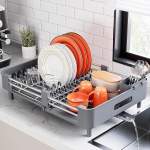 Urackify Extendable Stainless Dish Drying Rack for Kitchen Counter, Gray | 13.78"W x 18.7"L, Foldable Drainboard for Space Saving, Knife and Utensil Holder, Fast-draining Spout