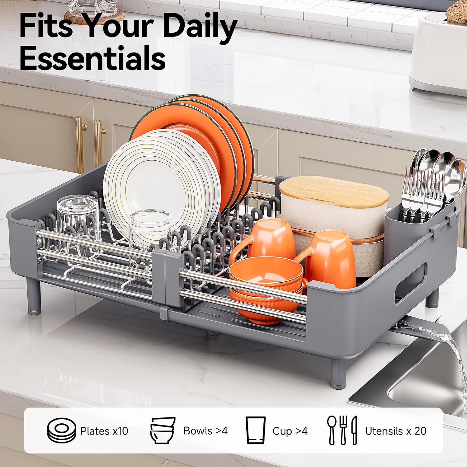 Extendable Stainless Countertop Dish Rack w/ Foldable Drainboard, Utensil Holder & Spout - Image 2