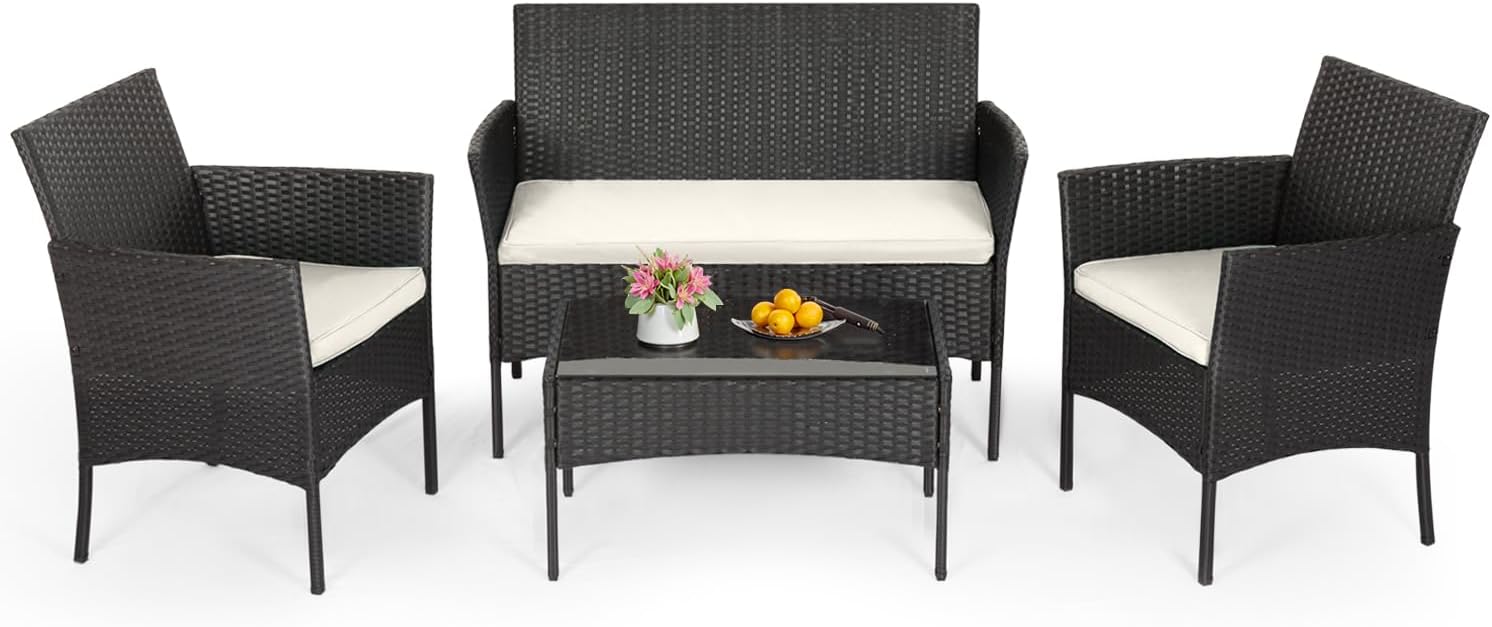 FDW 4-Piece Patio Furniture Set | Black | Outdoor Wicker Furniture | with Coffee Table | Modern Rattan Chairs Conversation Set | Outdoor Seating | Weather-Resistant | for Porch, Garden, Lawn