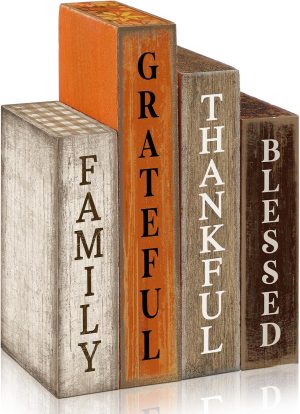 Lineshading 4 Pcs Fall Table Decoration Wooden Book Sign,Thankful | Thanksgiving Tiered Tray Decor, Decorative Fall Faux Book Stack Block Signs, Centerpiece for Autumn Harvest Party Home Shelf