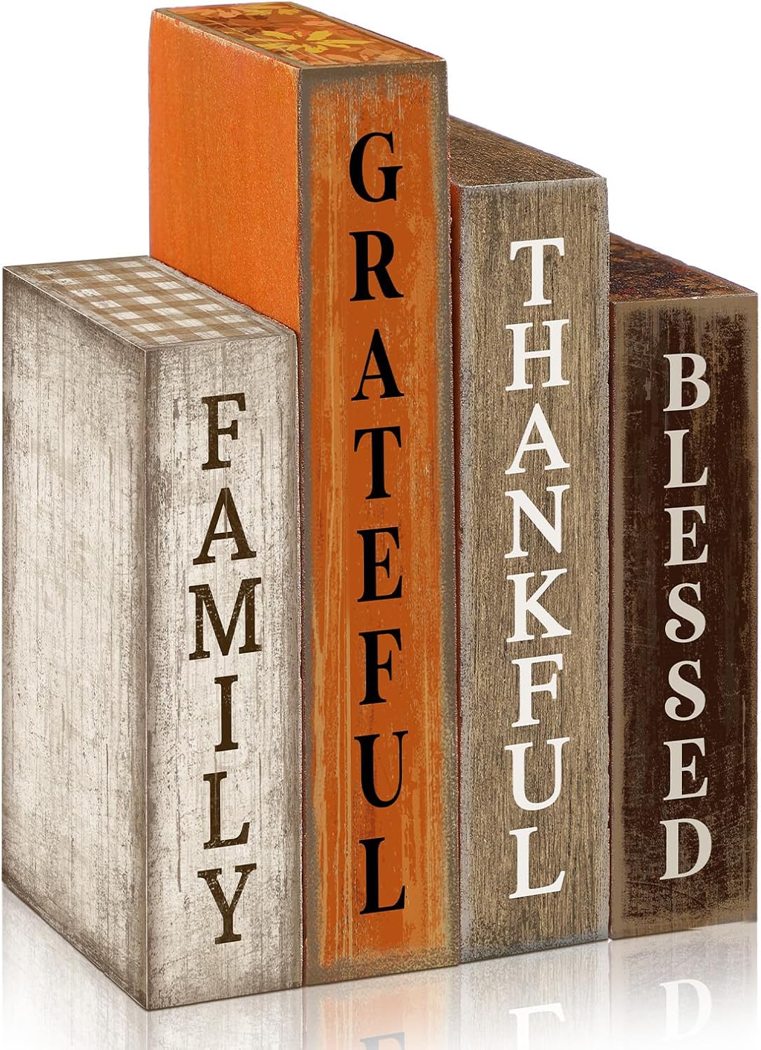 Lineshading 4 Pcs Fall Table Decoration Wooden Book Sign,Thankful | Thanksgiving Tiered Tray Decor, Decorative Fall Faux Book Stack Block Signs, Centerpiece for Autumn Harvest Party Home Shelf