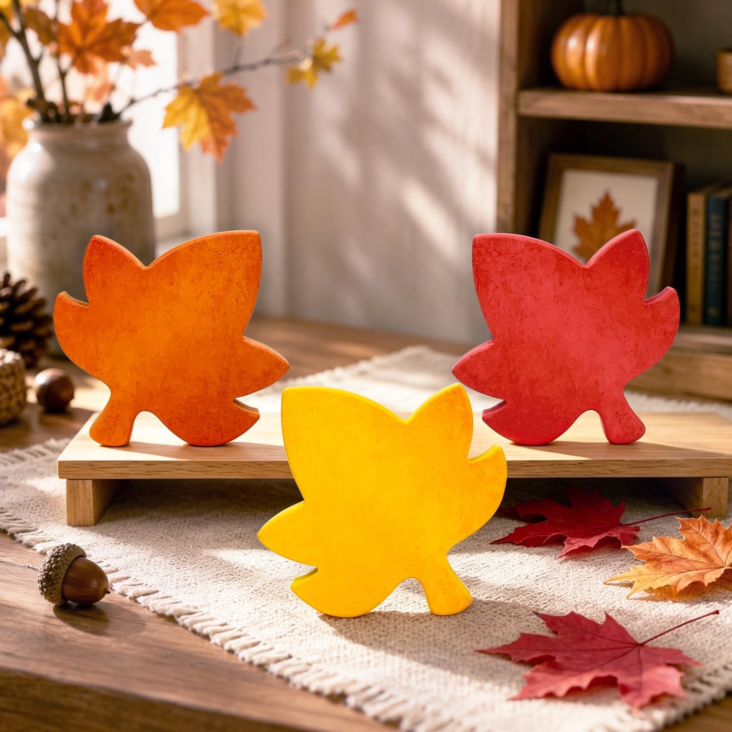 Fall Table Decor 3 PCS-Autumn Harvest Leaves Decorations for Home Indoor | Fall Maple Centerpiece for Office Kitchen Party, Wooden Farmhouse Thanksgiving Signs Gifts for Tiered Tray Mantel Living Room