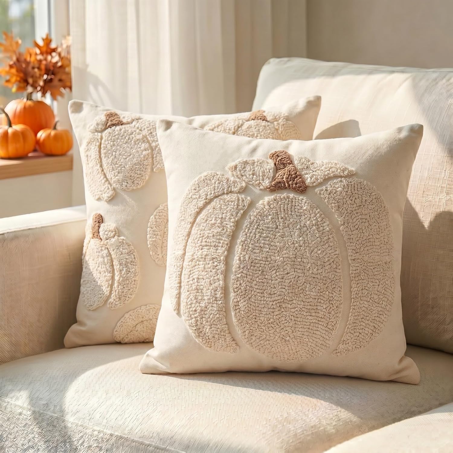 Fall Tufted Pumpkin Pillow Covers Set of 2 18x18, Farmhouse Beige