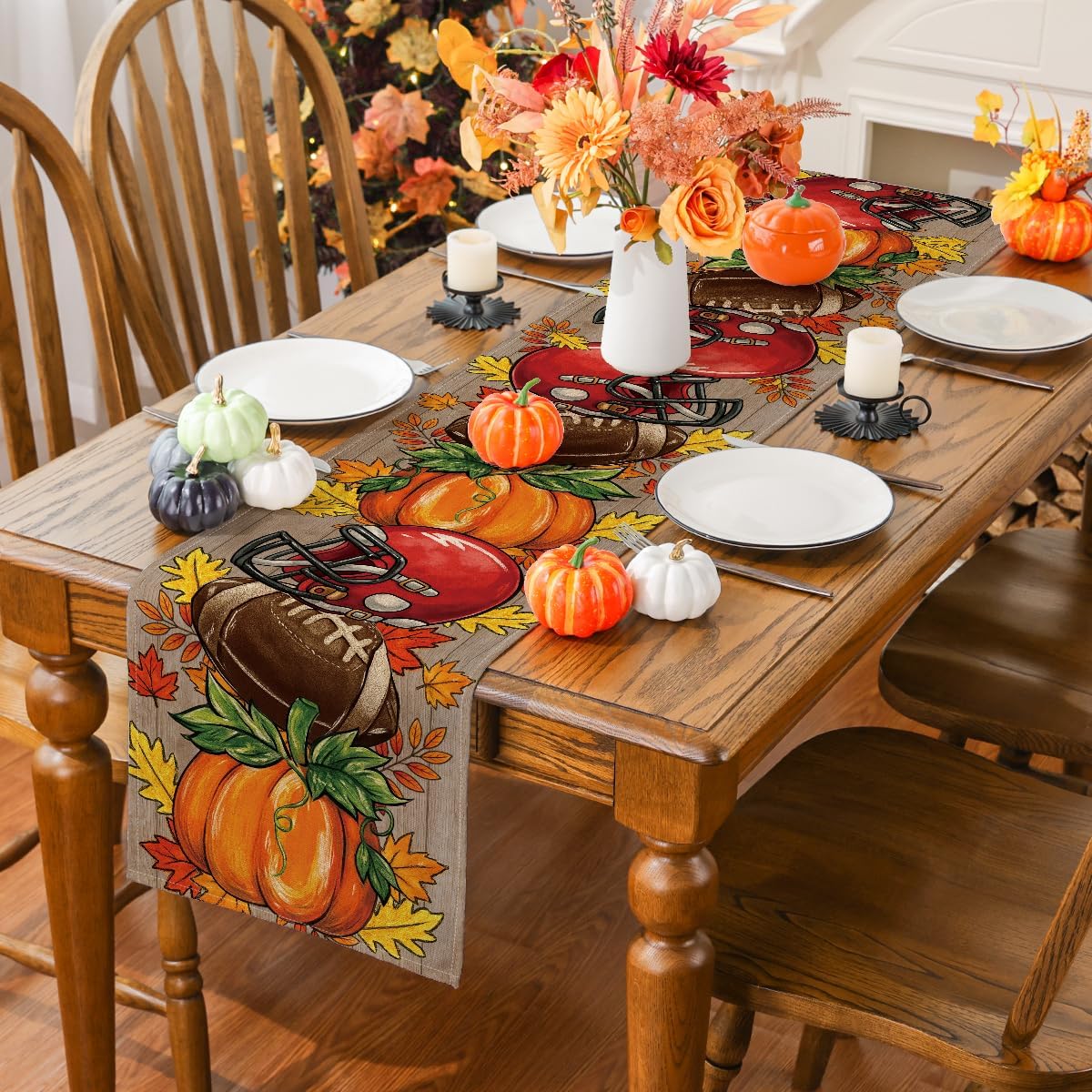 Fall Football Pumpkin Table Runner - Autumn Dining & Party Decor 13x36 - Image 2