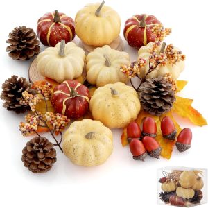 Artgar Pumpkin Decor Set, 23 PCS Fall Harvest Bowl Filler Decorations | Including Mini Pumpkins, Acorns, Pinecones, Berries Maple Leaves for Home Table Wedding DIY Fall Halloween Thanksgiving Decor