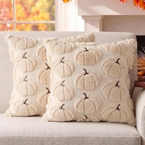 Fall Pumpkin Pillow Covers 18x18 Set of 2 Fall Decor Cushion Cases for Autumn Thanksgiving Home Decorations(Beige)