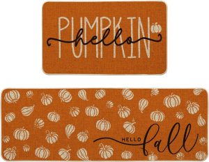 Artoid Mode Orange Hello Pumpkin Fall Kitchen Mats Set of 2 - 17x29+17x47" | Autumn Home Decor Low-Profile Kitchen Rugs for Floor