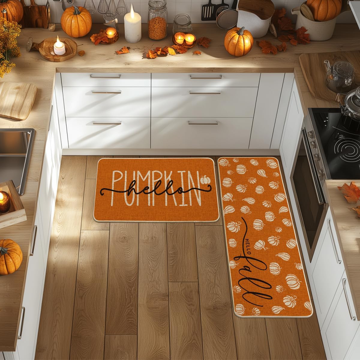 Fall Pumpkin Kitchen Mat Set (2) - Orange Low-Profile Floor Rugs - Image 2