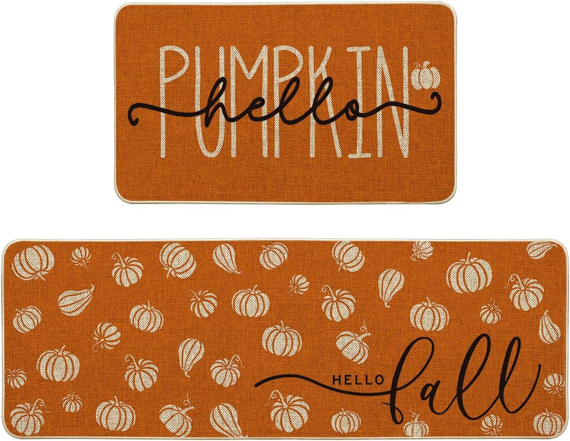 Artoid Mode Orange Hello Pumpkin Fall Kitchen Mats Set of 2 - 17x29+17x47" | Autumn Home Decor Low-Profile Kitchen Rugs for Floor