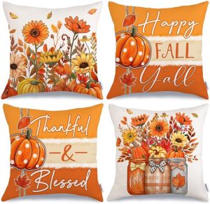 Fall Sunflower Pumpkin Thanksgiving Pillow Covers 18x18 Set of 4 | Polka Dot Pumpkin Cushion Case,Mason Jar,Thankful Blessed Throw Pillows,Happy Fall Y'all,Autumn Farmhouse Decor,Sofa Couch
