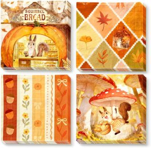NICROHOME EUR Squirrel Fall Thanksgiving Paper Napkins 48PCS, 6.5" x 6.5" | Pumpkin mushroom fall leaves disposable cocktail napkins, 3-layer soft autumn napkin for farmhouse harvest party table decor
