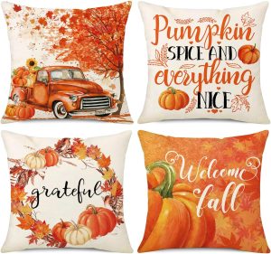 NIGHTWISH Fall Pillow Covers 18x18 Set of 4 Maple Leaf Pumpkin Truck Thanksgiving Decorations Autumn Leaves Birds Wreath Grateful Harvest Throw Cushion Case for Sofa Couch